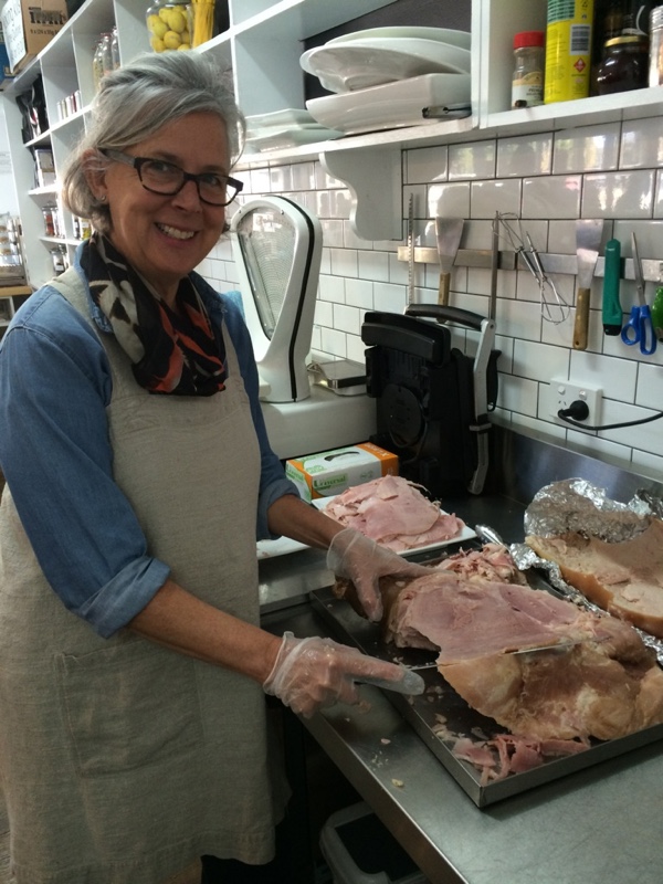 Melinda carves Christmas leg ham 