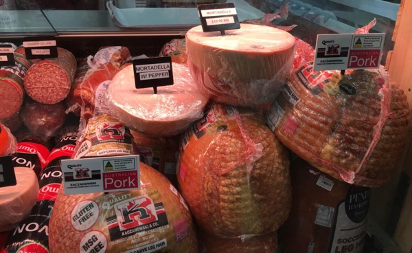 A range of Christmas ham in deli counter